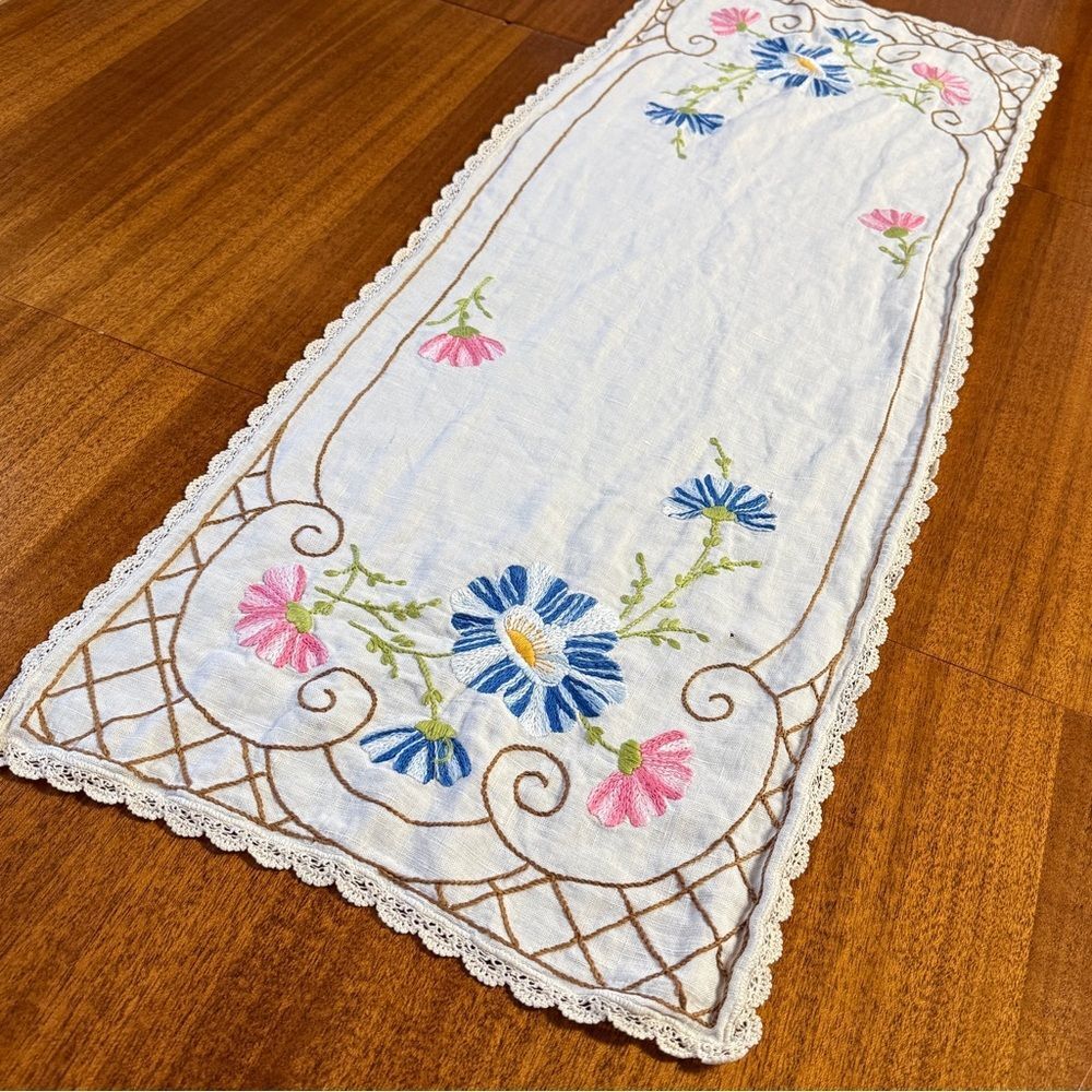 Vintage Cream Linen Table Runner Hand Embroidery Blue Pink Flower Crochet trim